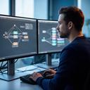 Esports data engineer building secure reporting workflows on dual monitors
